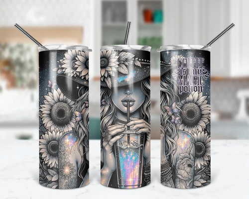 Midnight Blooms and Morning Brews 20oz coffee tumbler with dark sunflowers and celestial artwork