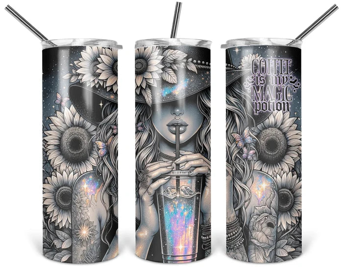 Midnight Blooms and Morning Brews coffee tumbler shown from multiple angles