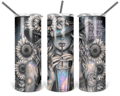 Midnight Blooms and Morning Brews coffee tumbler shown from multiple angles