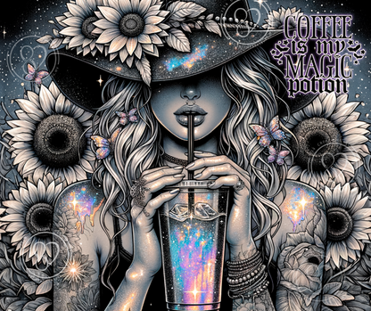 Coffee Is My Magic Potion 20oz tumbler with sunflowers and celestial artwork
