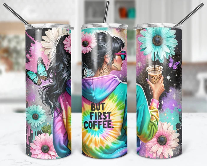 Peace Love & Pour Another 20oz colorful tie dye coffee tumbler with flowers and butterflies