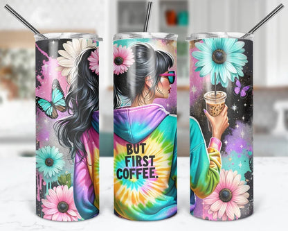 Peace Love & Pour Another 20oz colorful tie dye coffee tumbler with flowers and butterflies