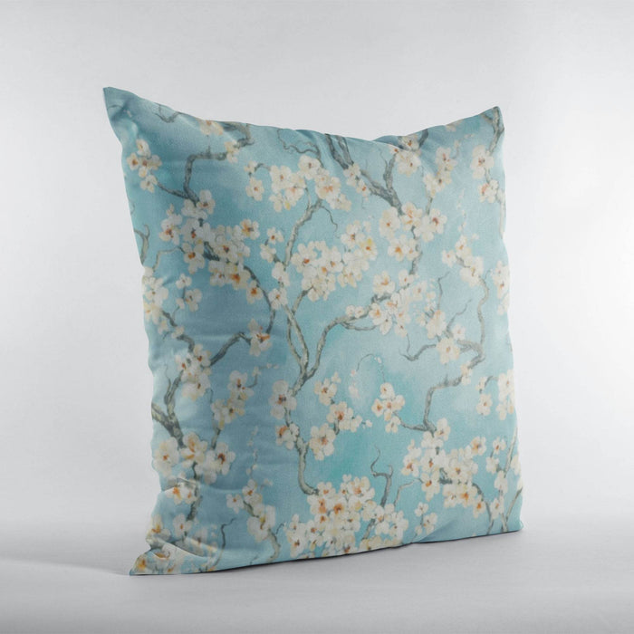 Plutus Azure Garden Cherry Blossoms Printed On A Linen Looking Polyester. Luxury Throw Pillow - Plutus Brands