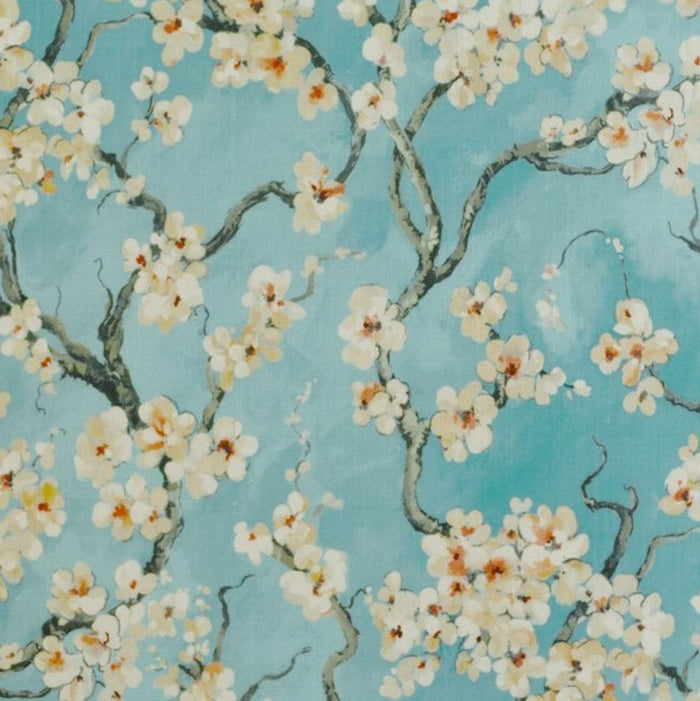 Plutus Azure Garden Cherry Blossoms Printed On A Linen Looking Polyester. Luxury Throw Pillow - Plutus Brands