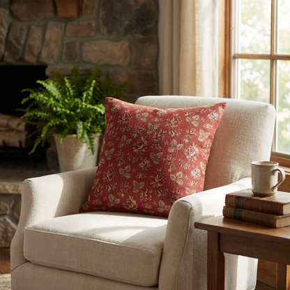 Plutus Persimmon Garden Cherry Blossoms Printed On A Linen Looking Polyester. Luxury Throw Pillow