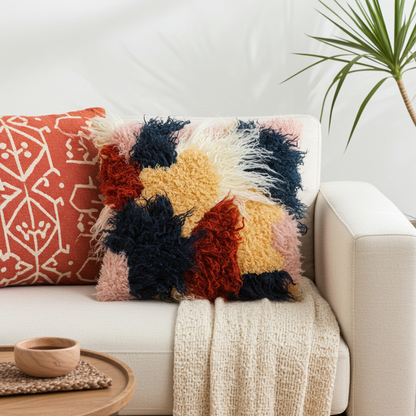 Plutus Red, White, Blue Fanciful Boho Animal Faux Fur Luxury Throw Pillow