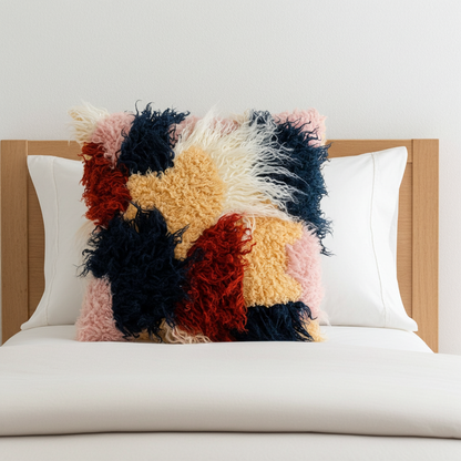 Plutus Red, White, Blue Fanciful Boho Animal Faux Fur Luxury Throw Pillow