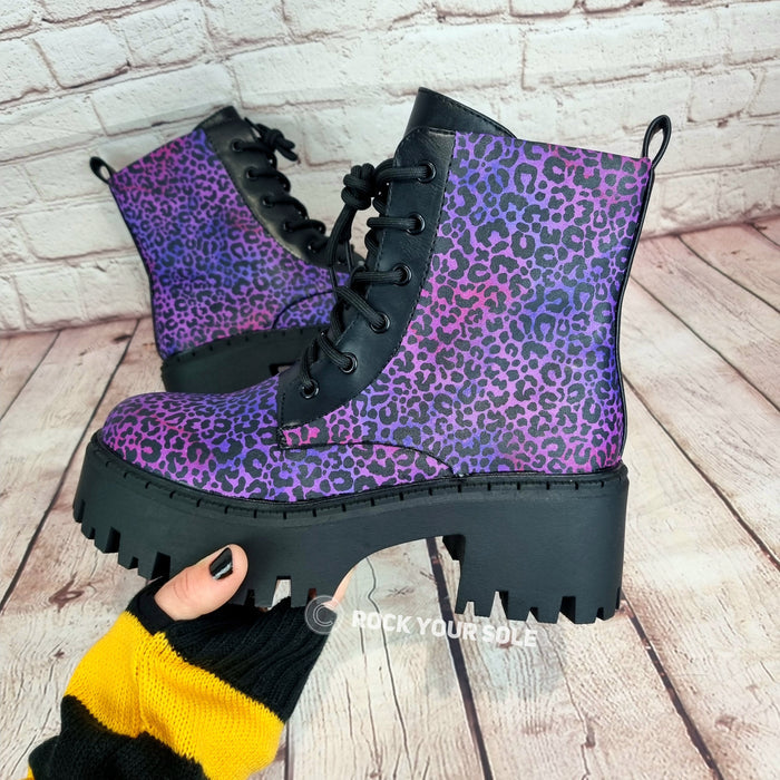 Purple leopard chunky heel ankle boots