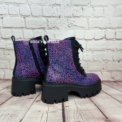 Purple leopard chunky heel ankle boots