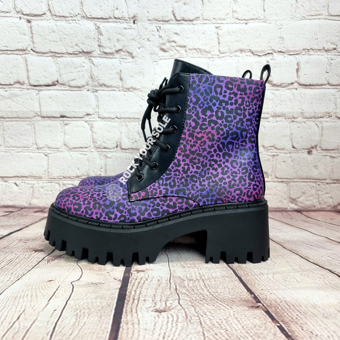 Purple leopard chunky heel ankle boots