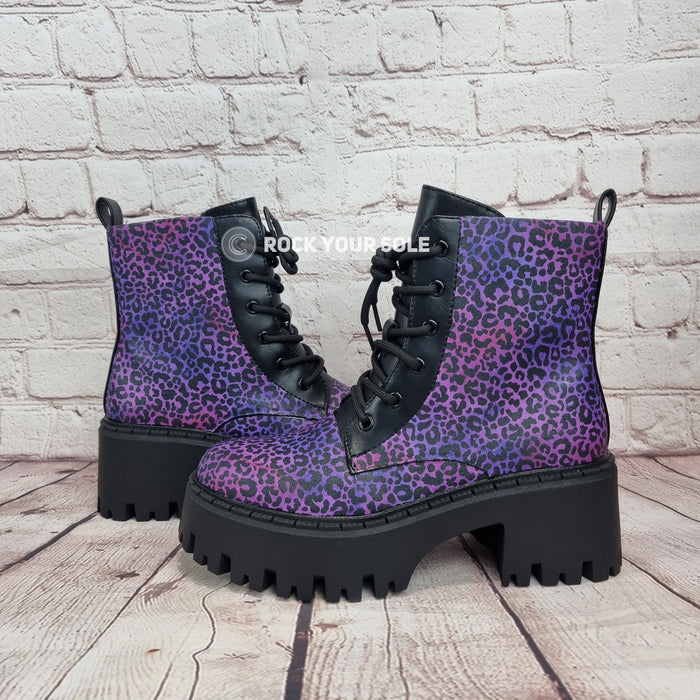 Purple leopard chunky heel ankle boots