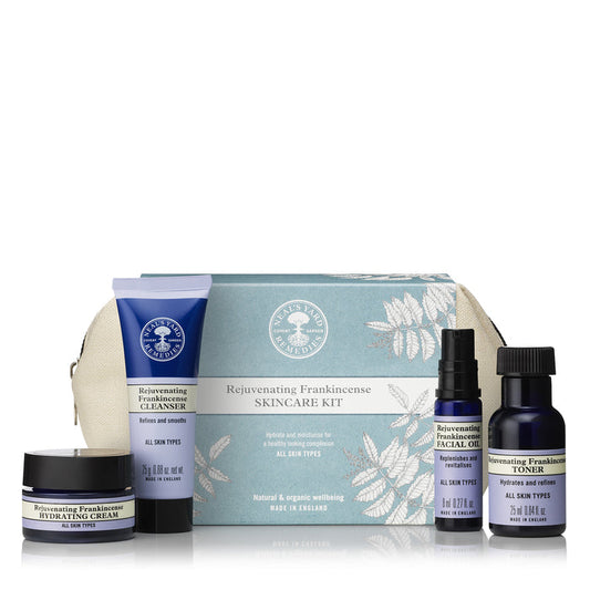 Skincare kit in an organic cotton pouch with  travel size products.