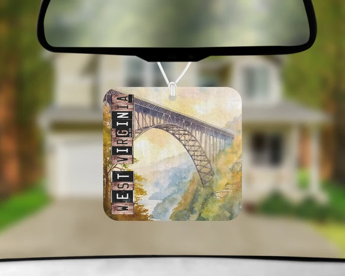 Scents of Almost Heaven West Virginia felt air freshener featuring the New River Gorge Bridge