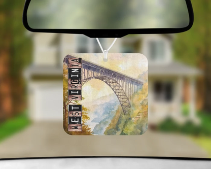 Scents of Almost Heaven West Virginia felt air freshener featuring the New River Gorge Bridge