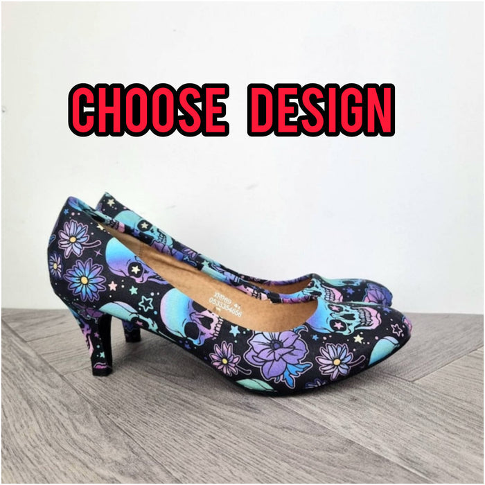 Skulls and blue flowers 3inch mid heels