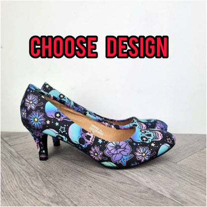 Skulls and blue flowers 3inch mid heels