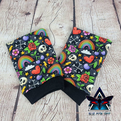 Skulls and Rainbows fingerless gloves