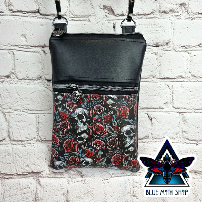 Skulls and Roses Faux Leather Phone Crossbody Phone Bag