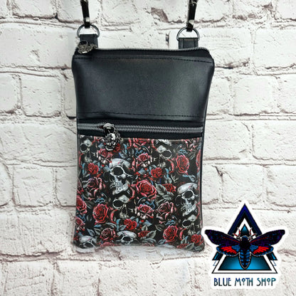 Skulls and Roses Faux Leather Phone Crossbody Phone Bag