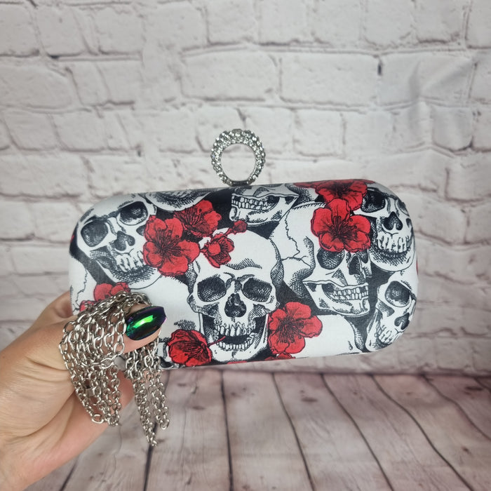 Skulls and roses wedding clutch bag