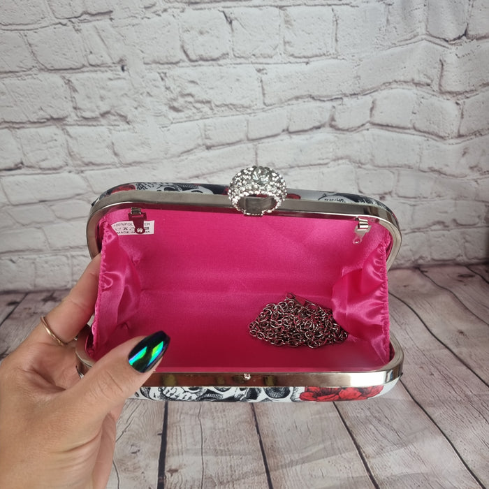 Skulls and roses wedding clutch bag