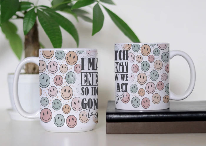 Smiles, Sass & Matching Energy white ceramic coffee mug featuring pastel retro smiley faces and a sassy matching-energy design.