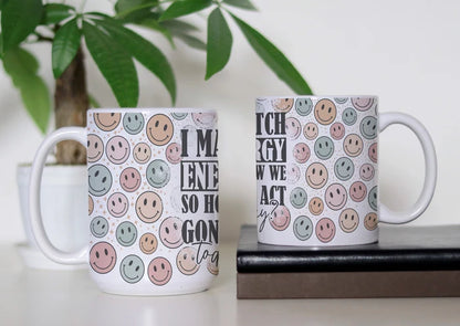 Smiles, Sass & Matching Energy white ceramic coffee mug featuring pastel retro smiley faces and a sassy matching-energy design.