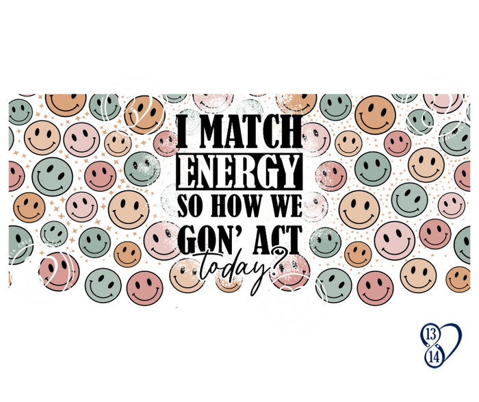 Wraparound view of Smiles, Sass & Matching Energy mug featuring pink, peach, sage and gray retro smiley faces.