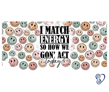 Wraparound view of Smiles, Sass & Matching Energy mug featuring pink, peach, sage and gray retro smiley faces.