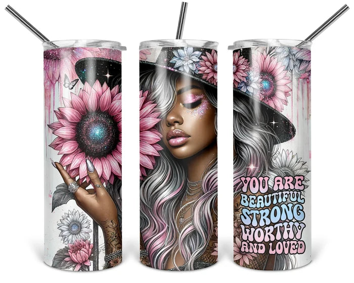 You Are Beautiful, Strong, Worthy, and Loved – Pink Hearts | 20 oz Tumbler