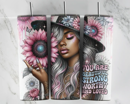 You Are Beautiful, Strong, Worthy, and Loved – Pink Hearts | 20 oz Tumbler
