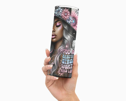 You Are Beautiful, Strong, Worthy, and Loved – Pink Hearts | 20 oz Tumbler