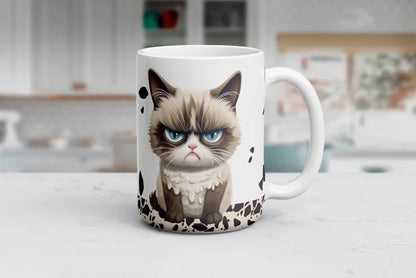 Zero Growth, Maximum Catitude white ceramic coffee mug featuring a grumpy blue-eyed cat and funny sarcastic quote.