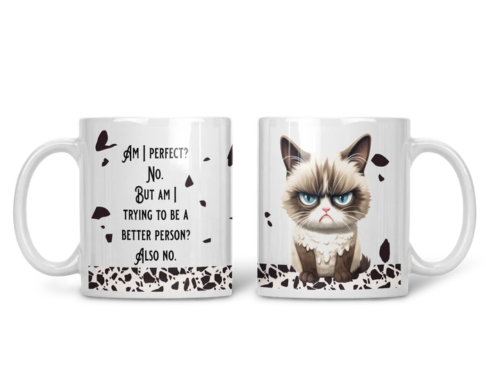 Funny grumpy cat coffee mug featuring an angry fluffy cat with bright blue eyes and black abstract accents.